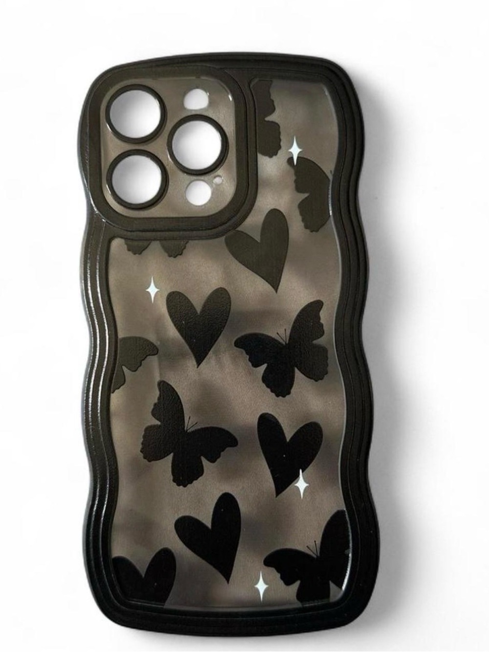 Stylish Black Butterfly and Heart Phone Case (iPhone 14 Pro Max)
